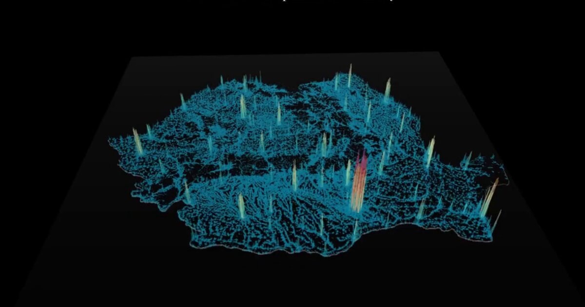 Day 10: Romania population density as 3D H3 hexagonal columns - #100DayMapChallenge