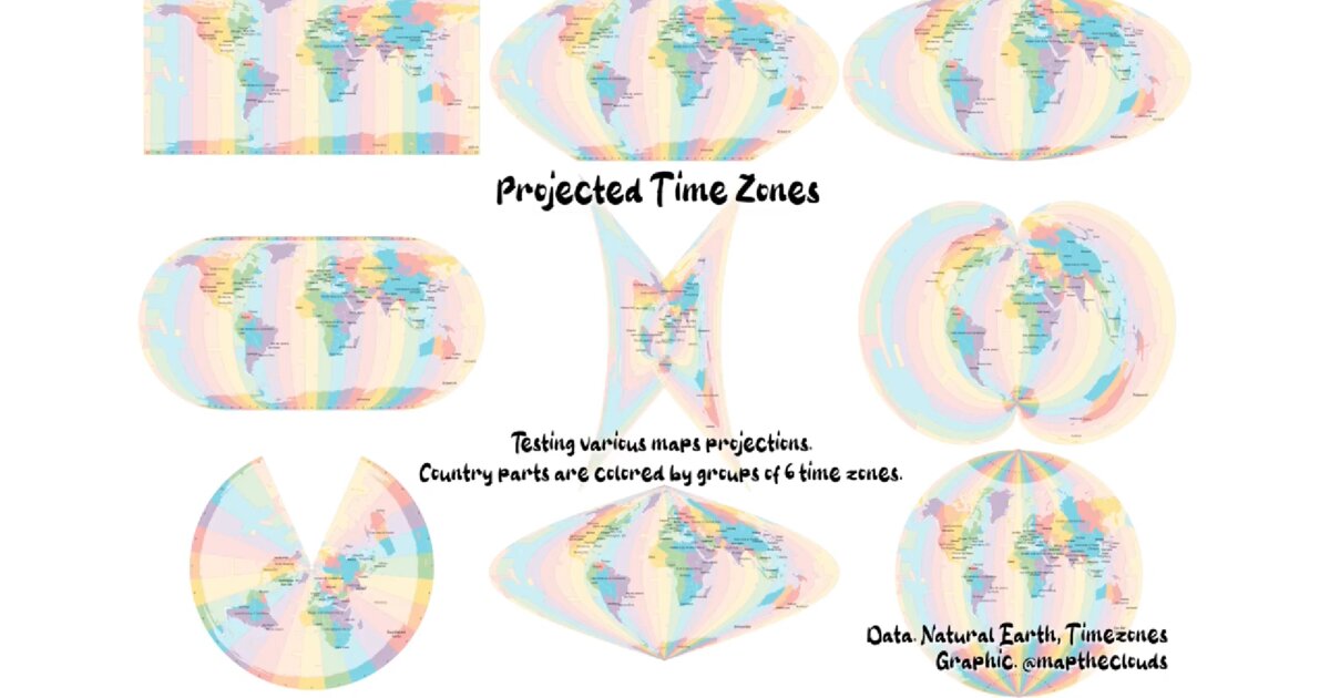 Day 12: Global countries colored by 6-hour time zones across eight map projections - #100DayMapChallenge