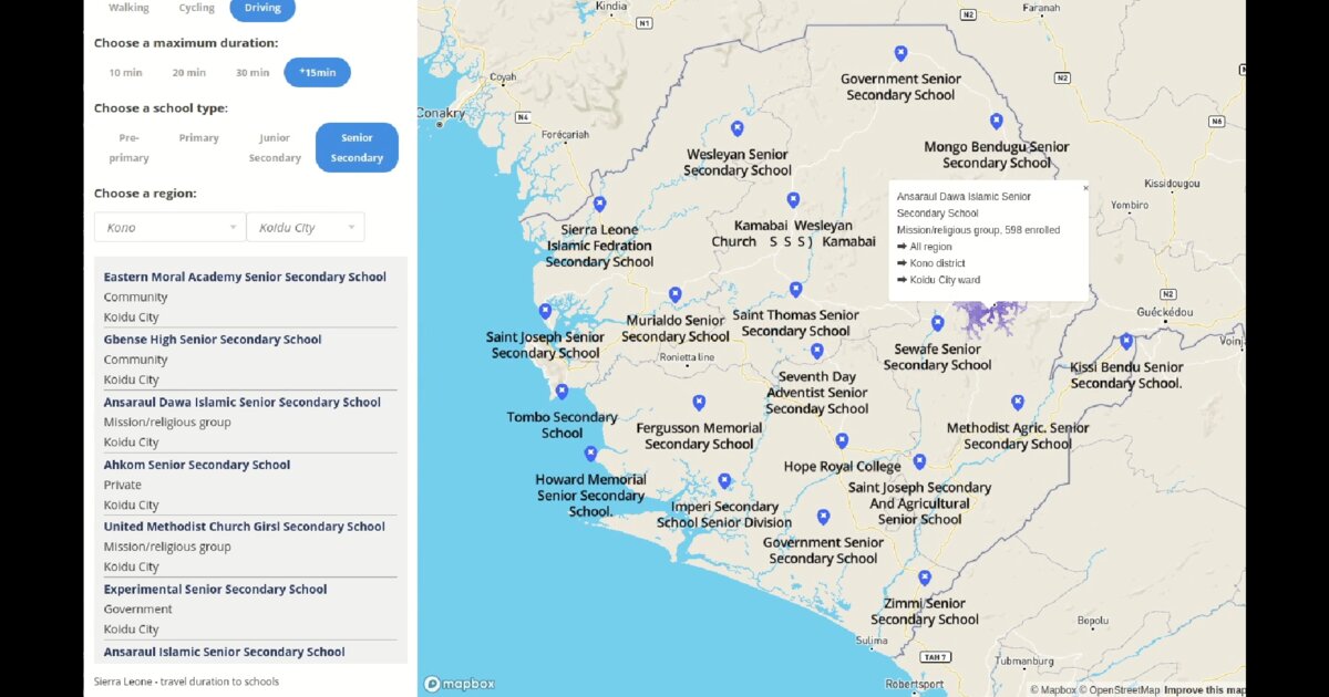 Day 15: Sierra Leone school access isochrones on Mapbox GL - #100DayMapChallenge
