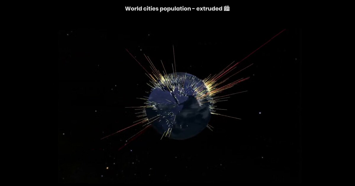 Day 16: World cities as population bars extruded on a Three.js globe - #100DayMapChallenge