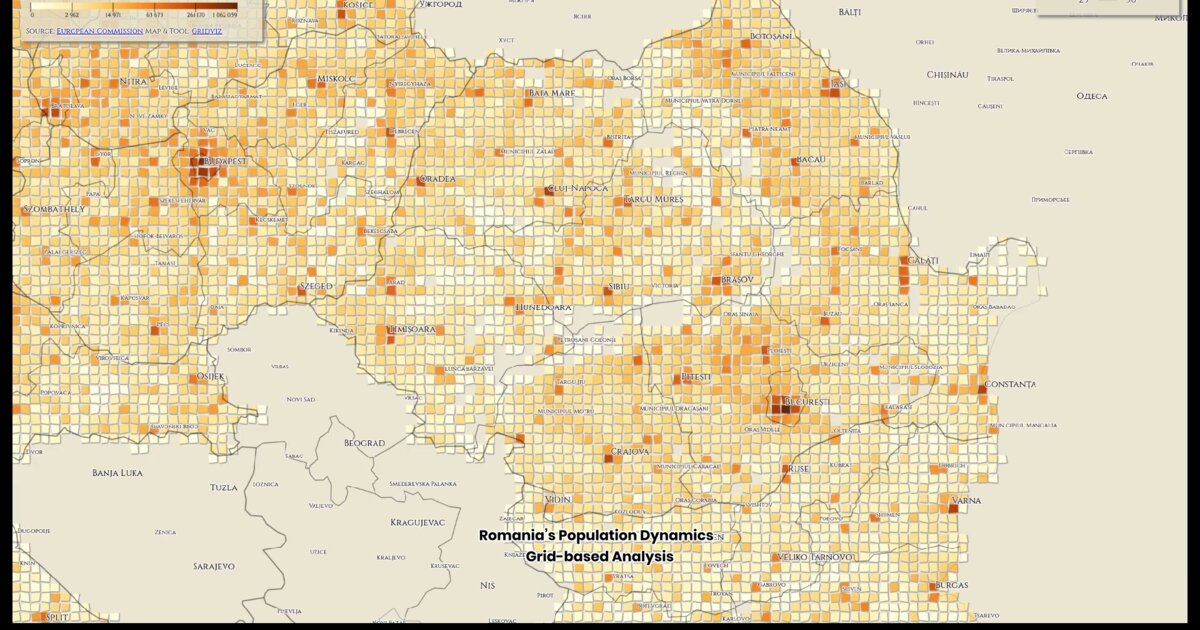 Day 29: Romania population density mosaic with Gridviz - #100DayMapChallenge