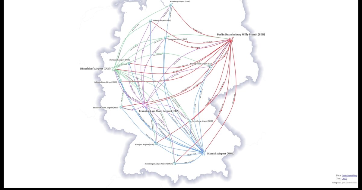 Day 30: Air distance lines between German airports in QGIS - #100DayMapChallenge