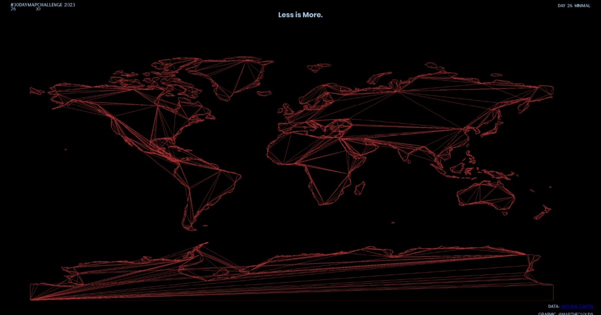 Day 35: Minimal red coastline lines of Earth on black - #100DayMapChallenge