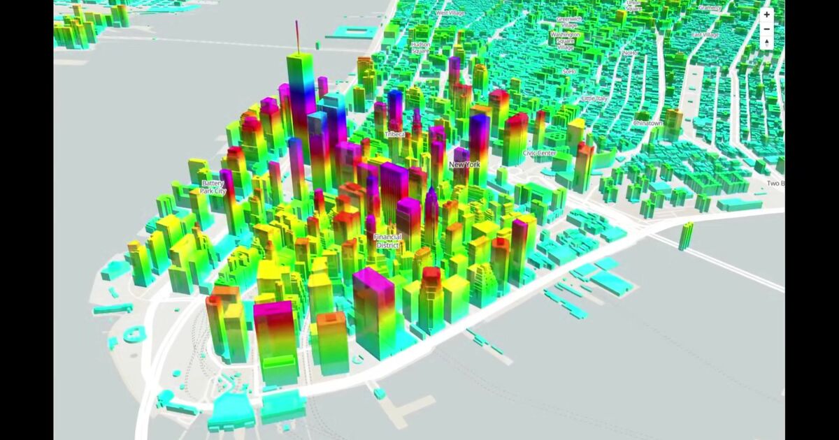 Day 69: Rainbow Cities building height as color - #100DayMapChallenge
